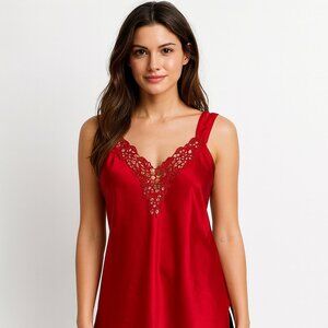 Vintage Cinema Etoile Red Satin Slip Dress | Beaded Lace Bodice | Sexy Nightie